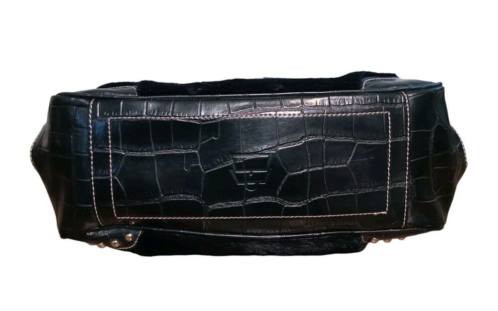 Y2K Kathy Van Zeeland Black Faux Fur & Gold Studded Glam Handbag Croc Embossed - Picture 5 of 7